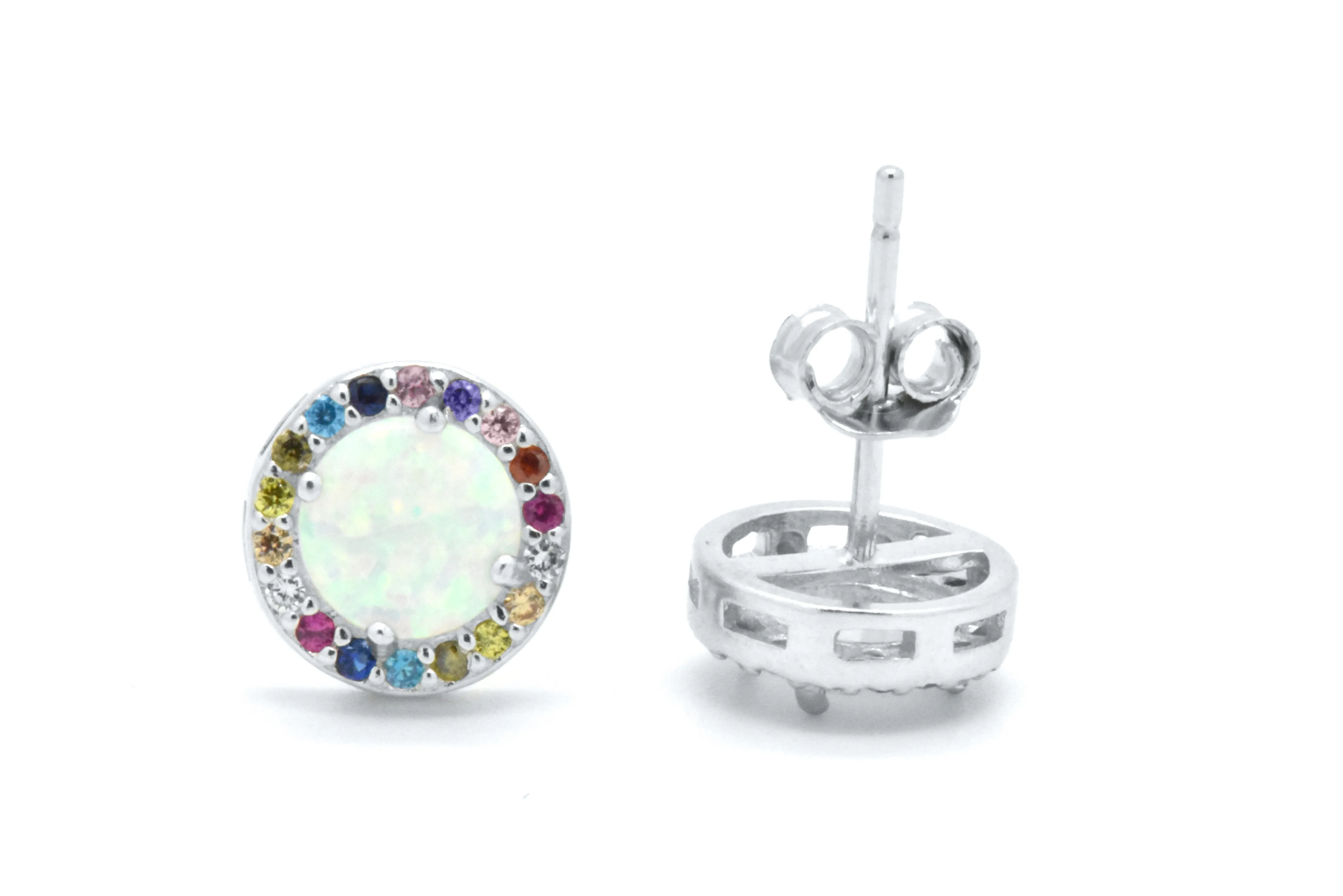 Sterling Silver Rainbow Created Sapphire Round Halo Opal Stud Earrings