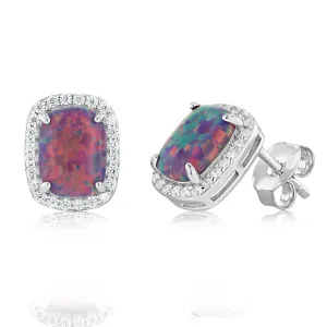 Sterling Silver Rhodium Plated Rectangle Created Purple Opal And White Zirconia Halo Stud Earrings