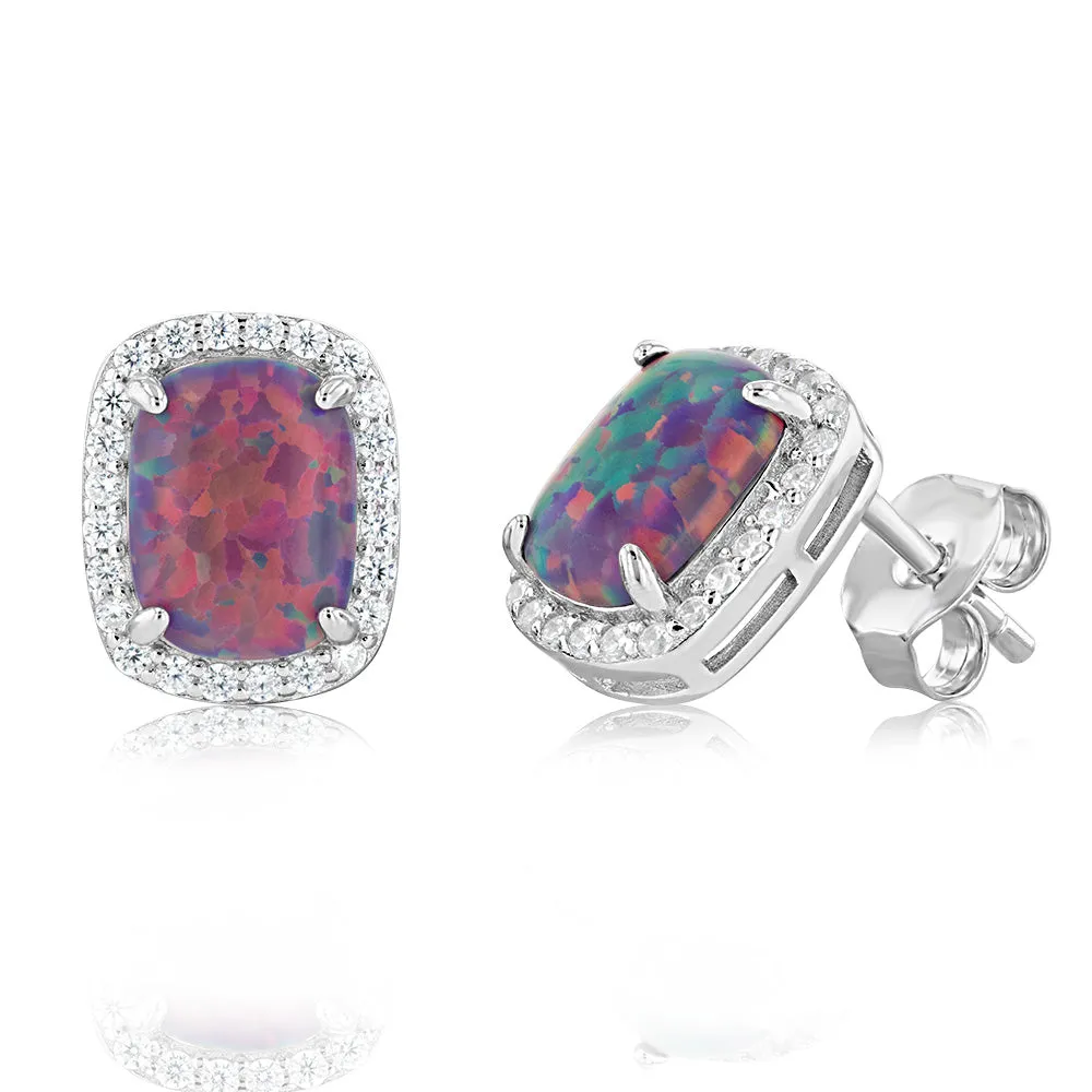 Sterling Silver Rhodium Plated Rectangle Created Purple Opal And White Zirconia Halo Stud Earrings