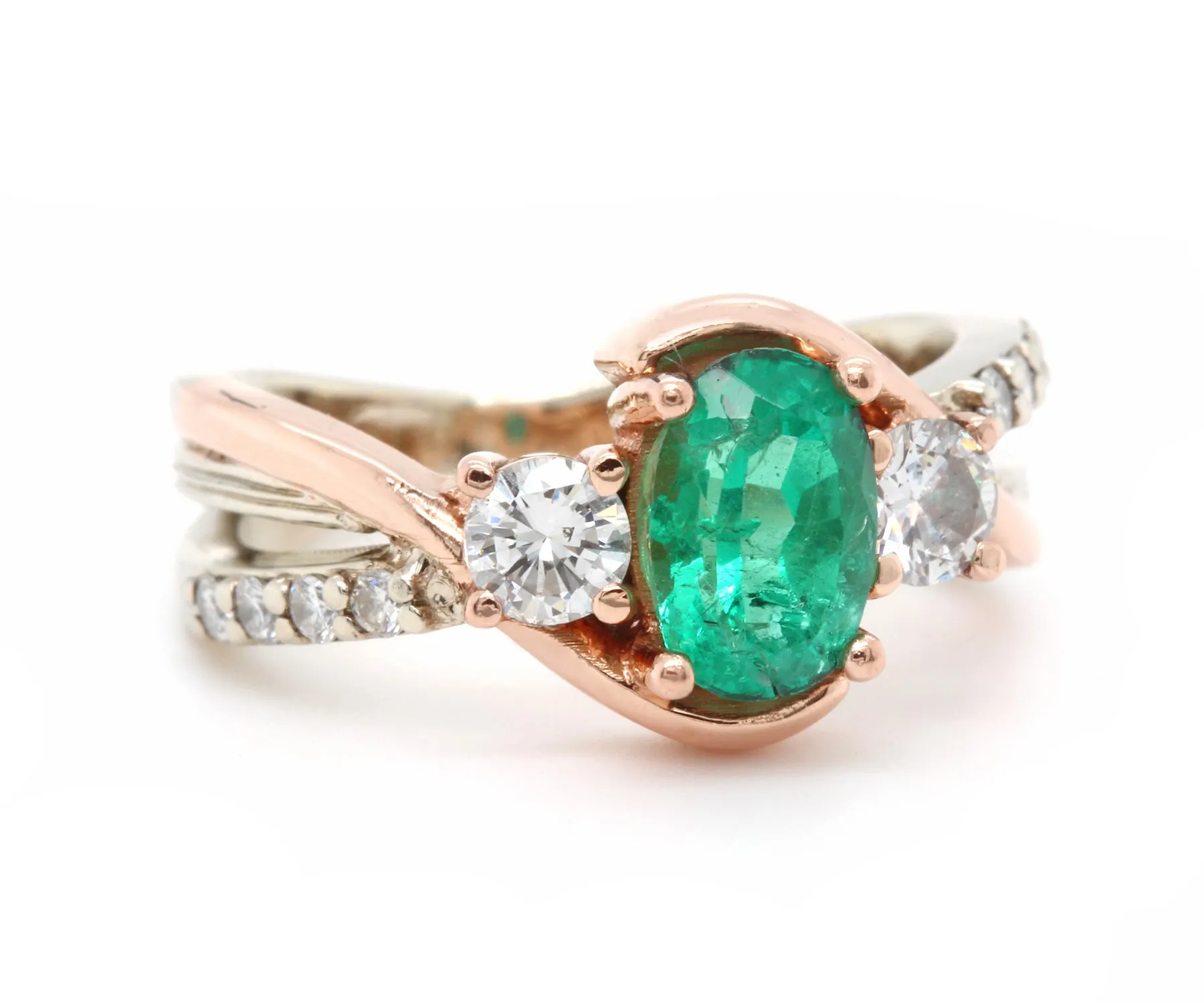 Three Stone Emerald Diamond Curved Rose Gold Ring
