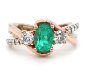 Three Stone Emerald Diamond Curved Rose Gold Ring