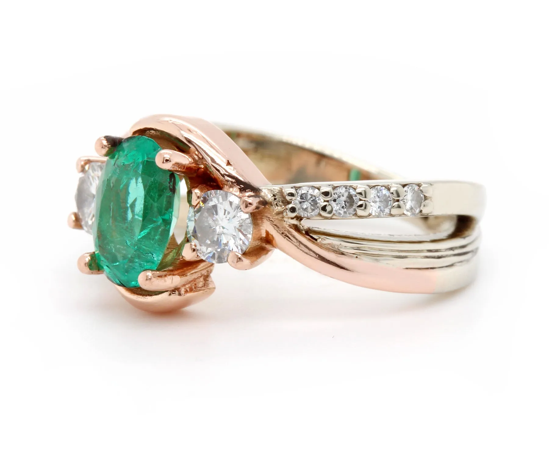 Three Stone Emerald Diamond Curved Rose Gold Ring