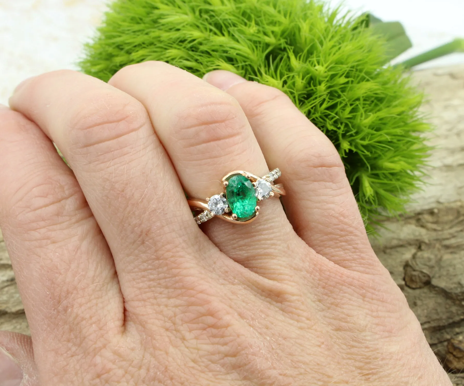 Three Stone Emerald Diamond Curved Rose Gold Ring
