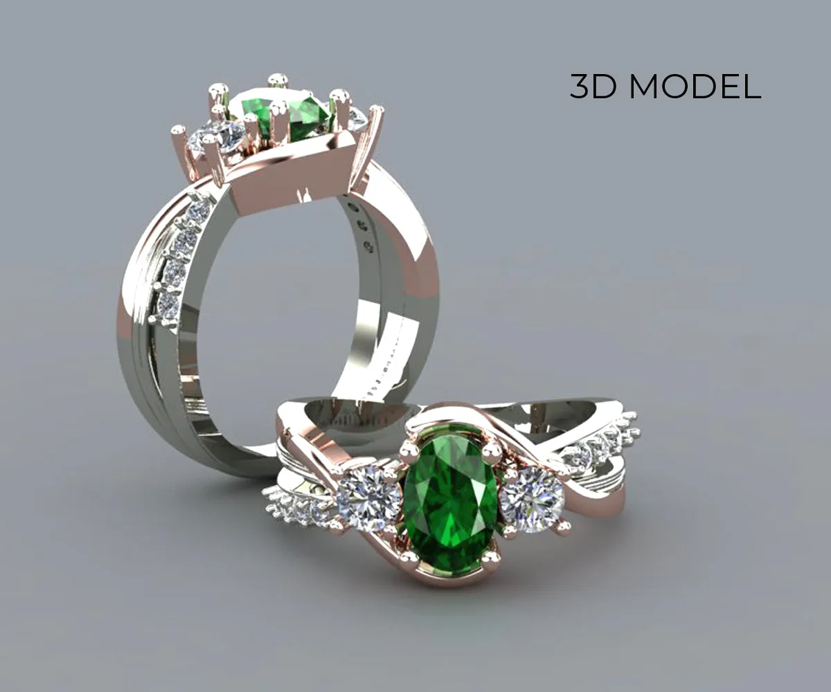 Three Stone Emerald Diamond Curved Rose Gold Ring