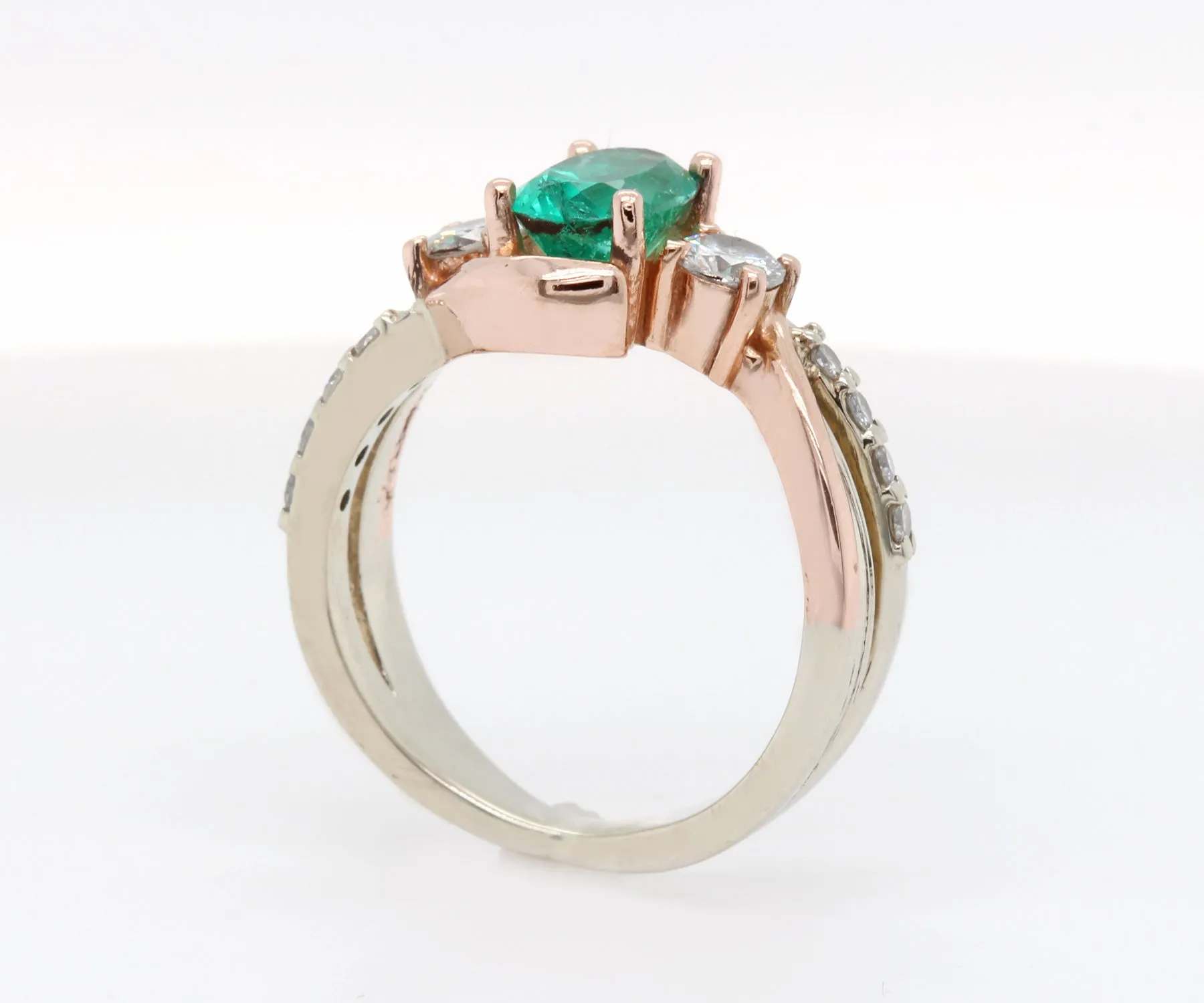 Three Stone Emerald Diamond Curved Rose Gold Ring
