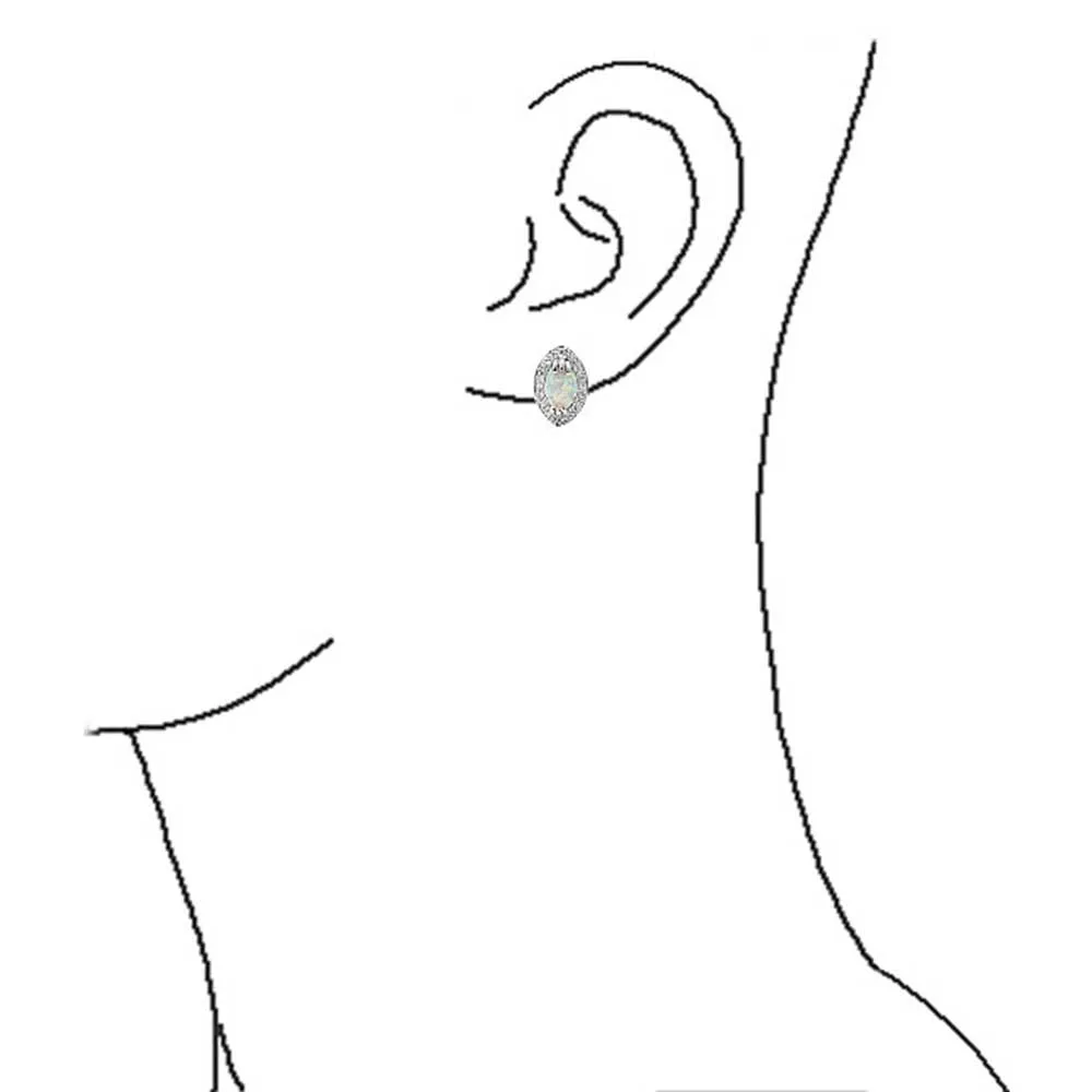 Victorian Style White Oval Opal Stud Earrings Sterling Silver Halo Birthstone