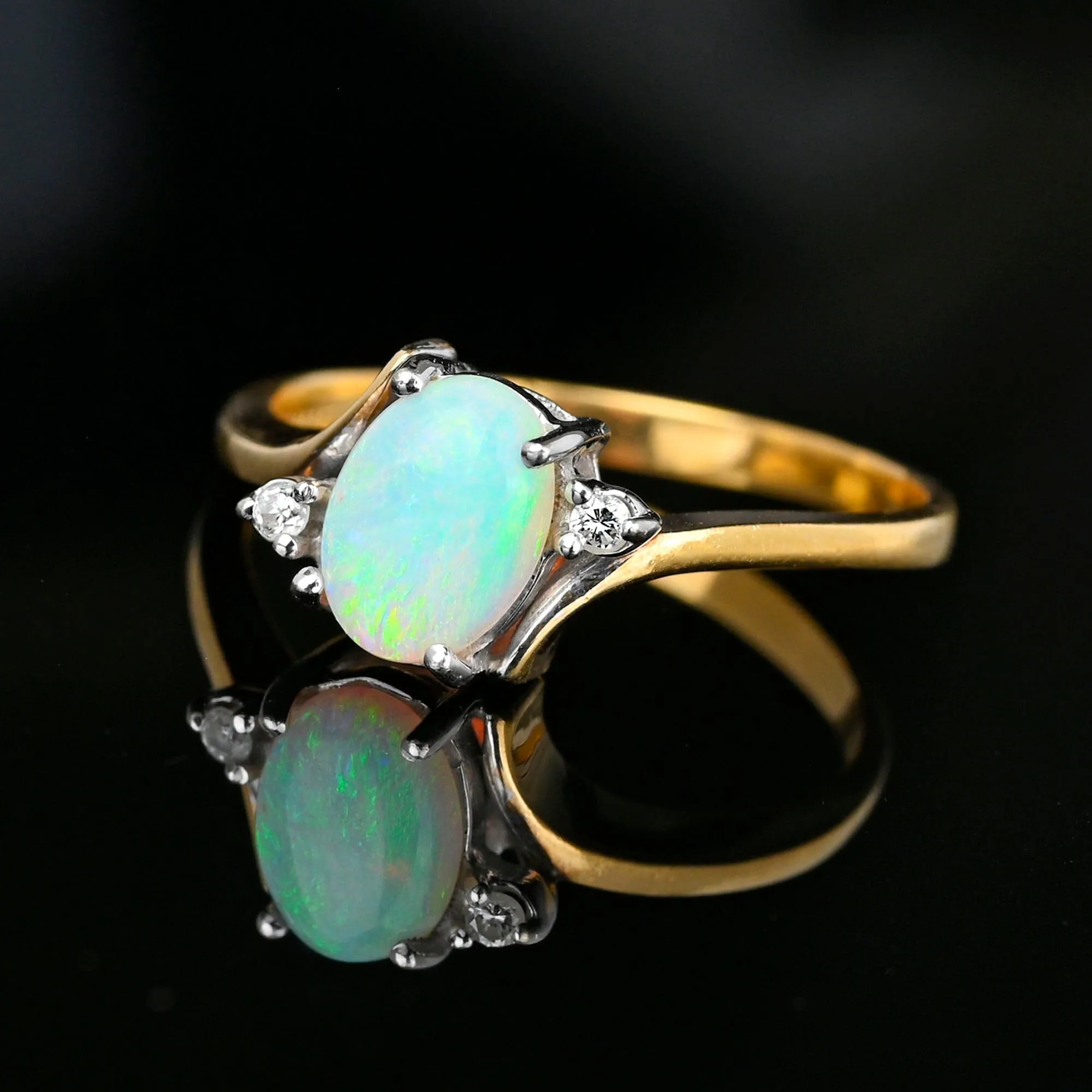 Vintage Diamond Accent Cabochon Opal Bypass Ring
