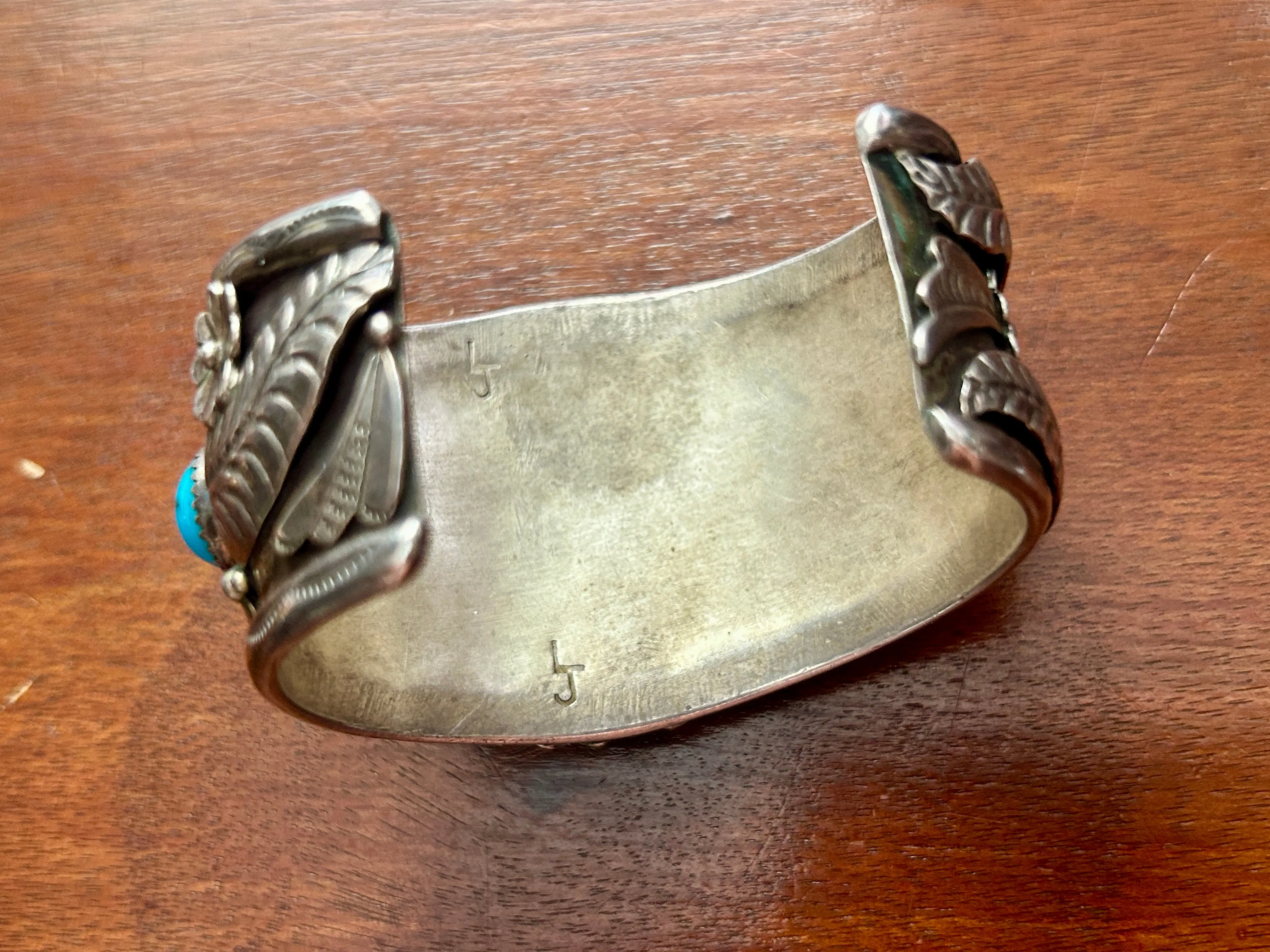 Vintage Old Pawn Lester Jackson Signed Sterling Silver Turquoise Cuff Bracelet