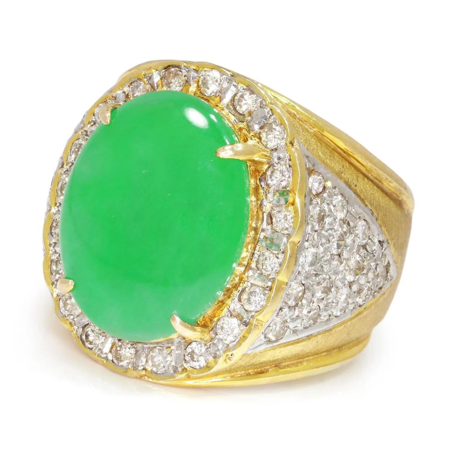 Vintage Oval Green Jade Ring with Diamonds 18K Gold 5.25ctw