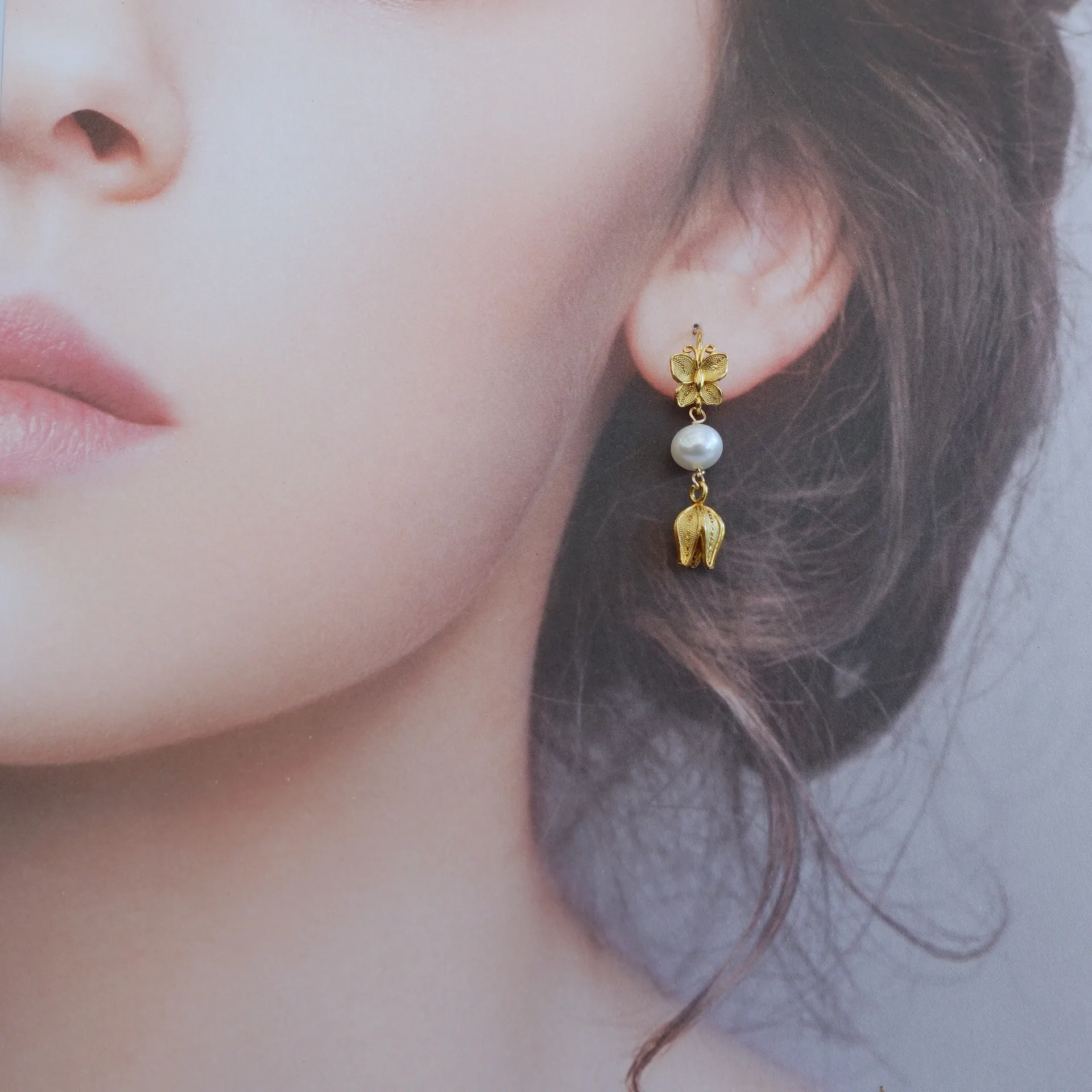 Vintage Style Butterfly and Flower Filigree Earrings