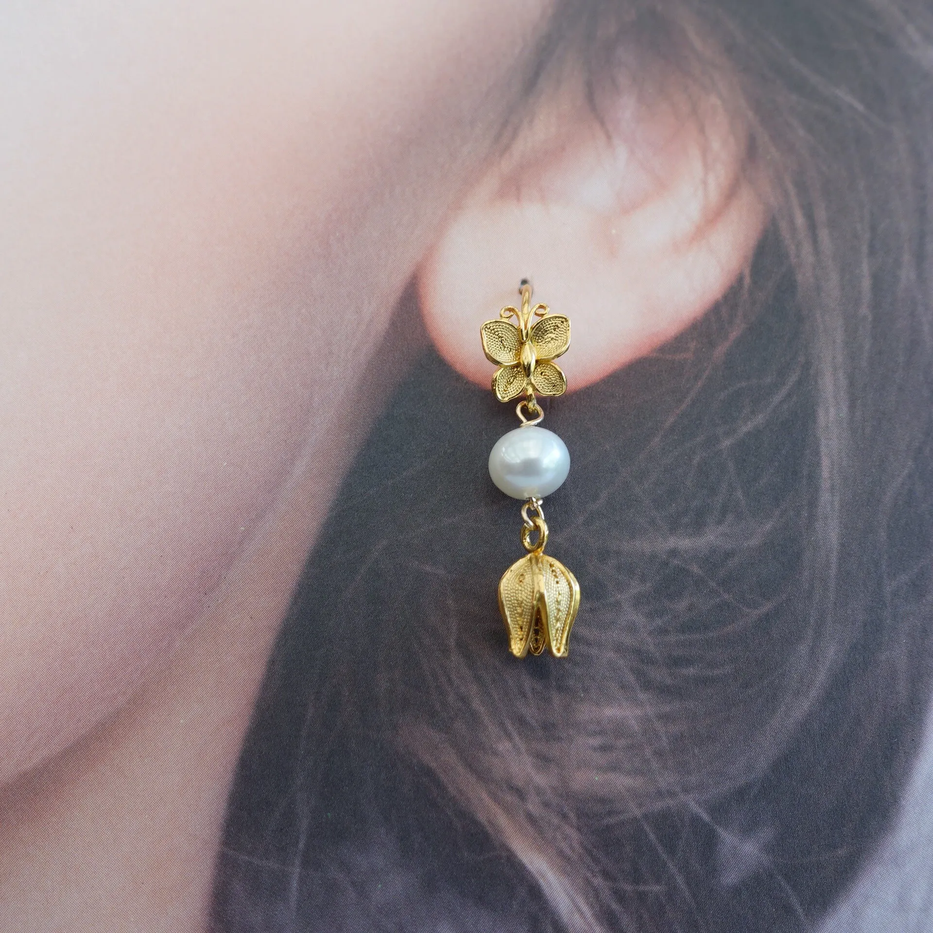 Vintage Style Butterfly and Flower Filigree Earrings