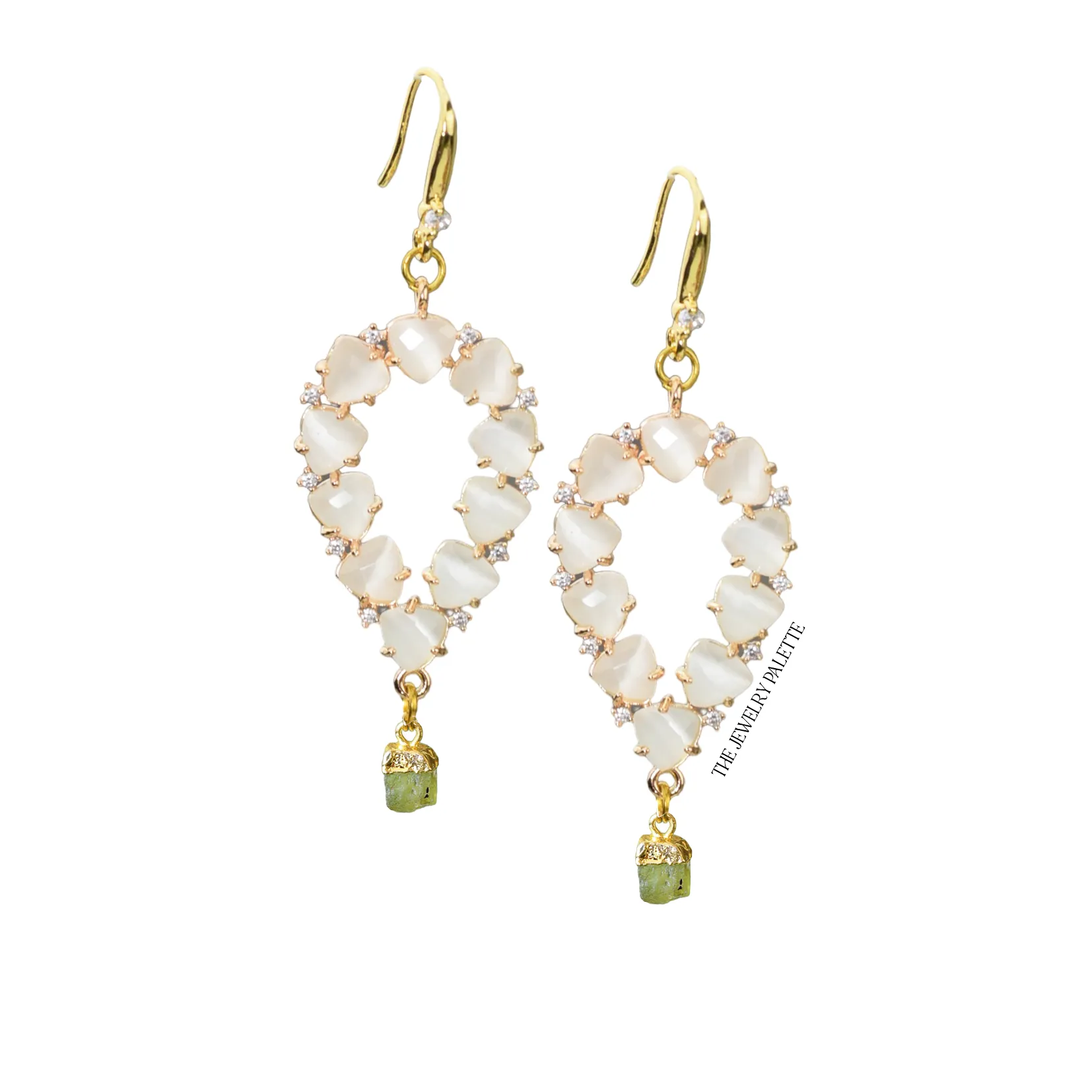 Yara white stones with gold edged emerald drop earrings