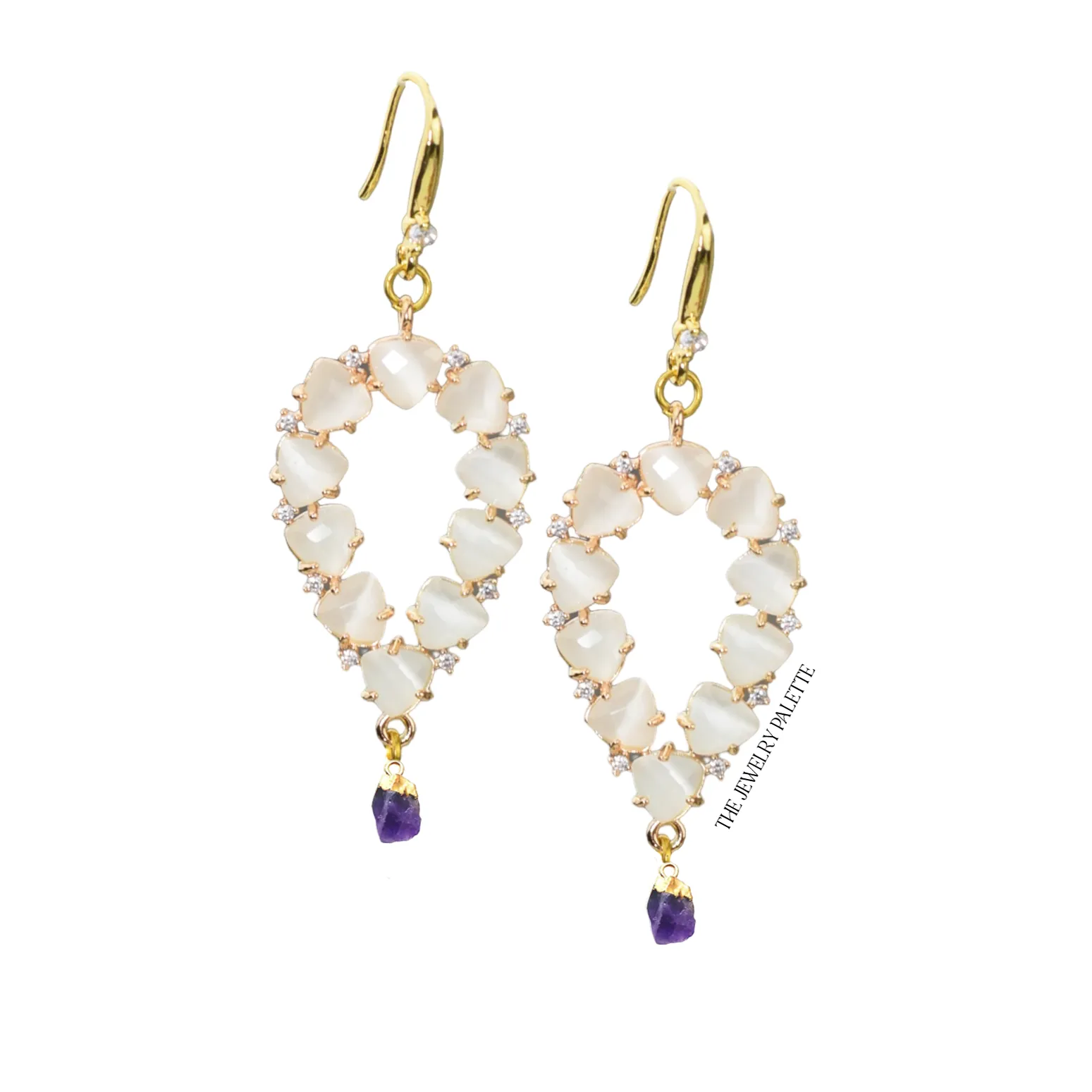 Yara white stones with gold edged emerald drop earrings