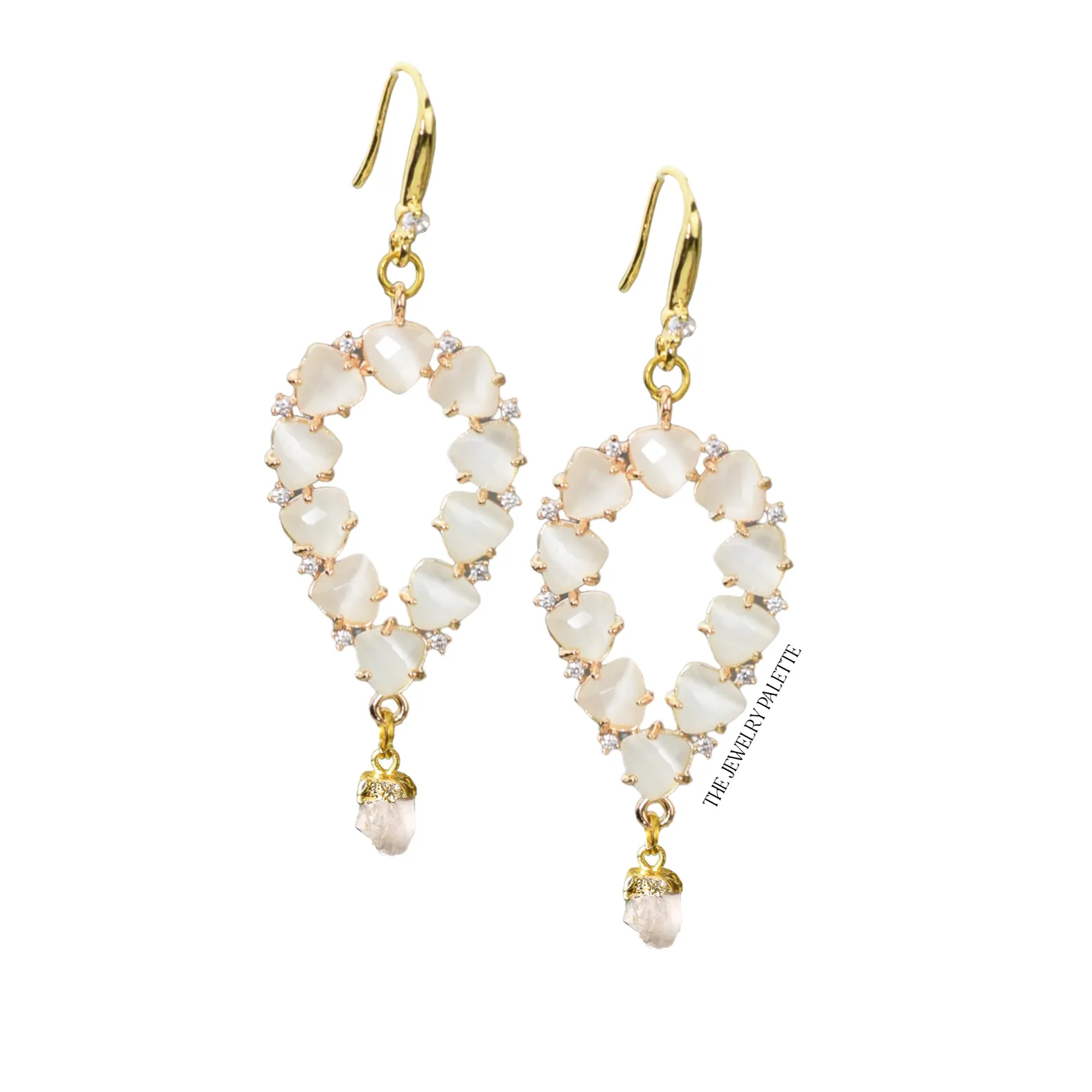Yara white stones with gold edged emerald drop earrings