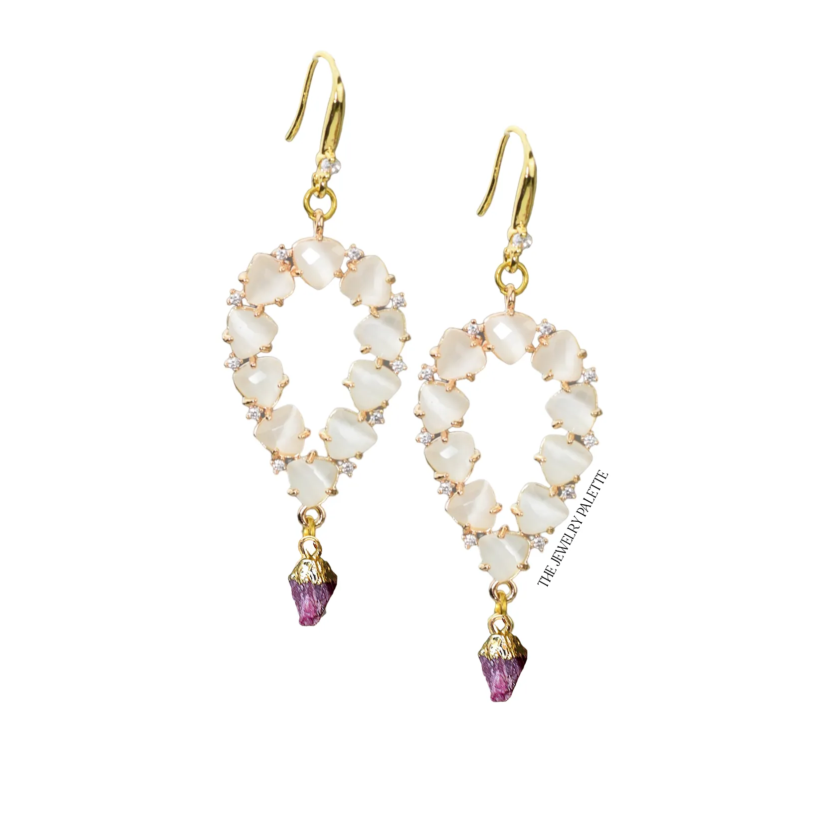 Yara white stones with gold edged emerald drop earrings