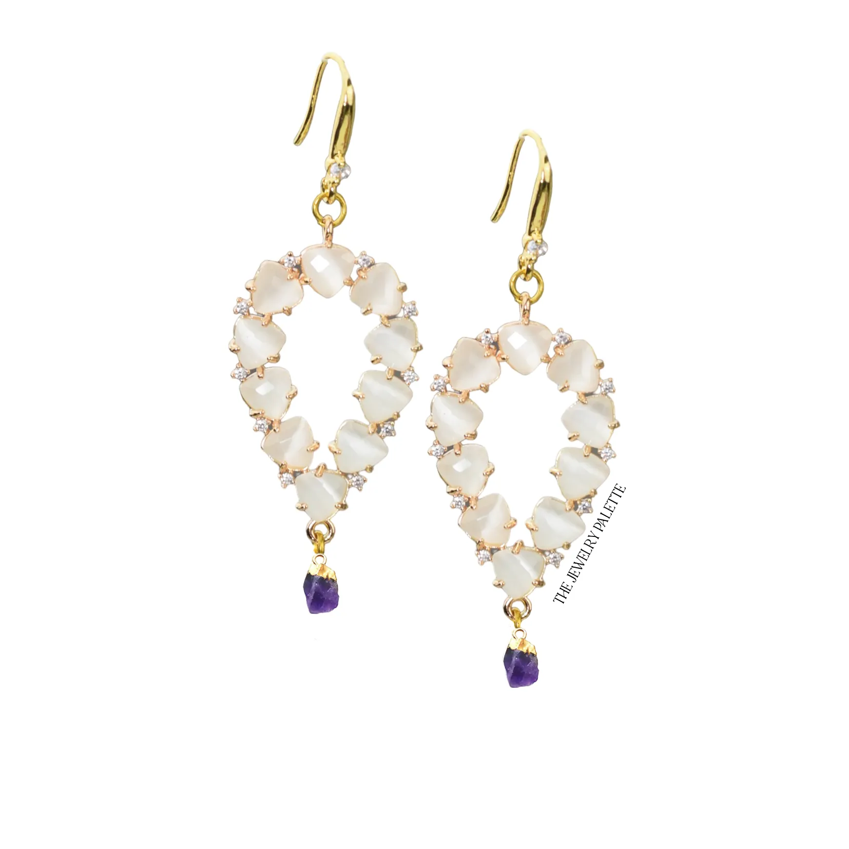 Yara white stones with gold edged emerald drop earrings