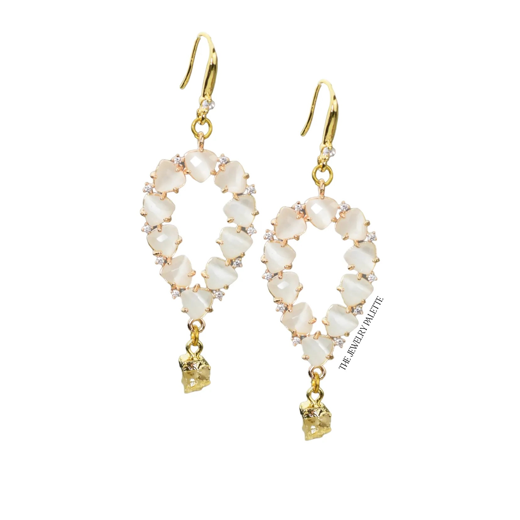 Yara white stones with gold edged emerald drop earrings