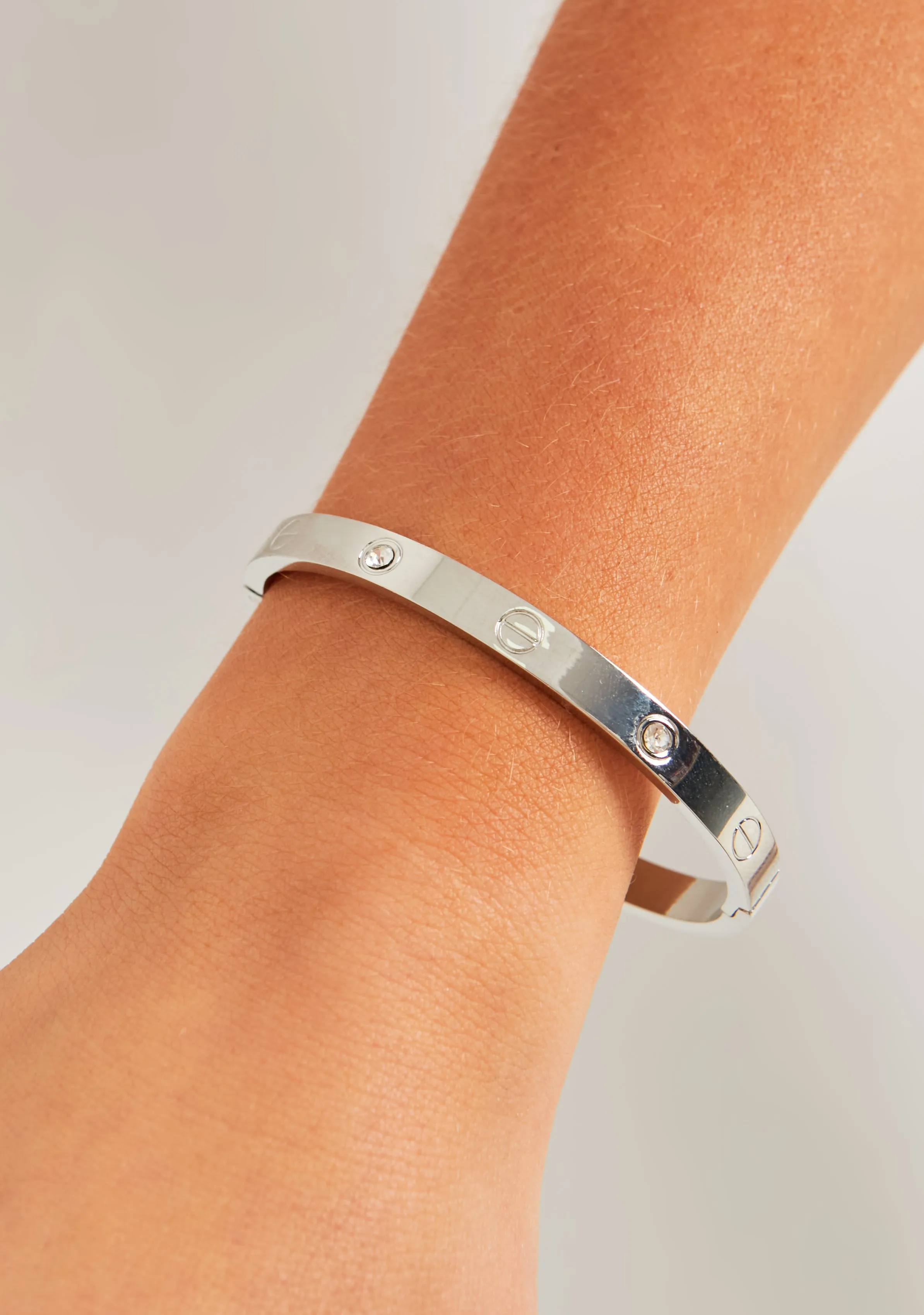 Zayna Silver Engraved Diamante Stud Bangle Bracelet