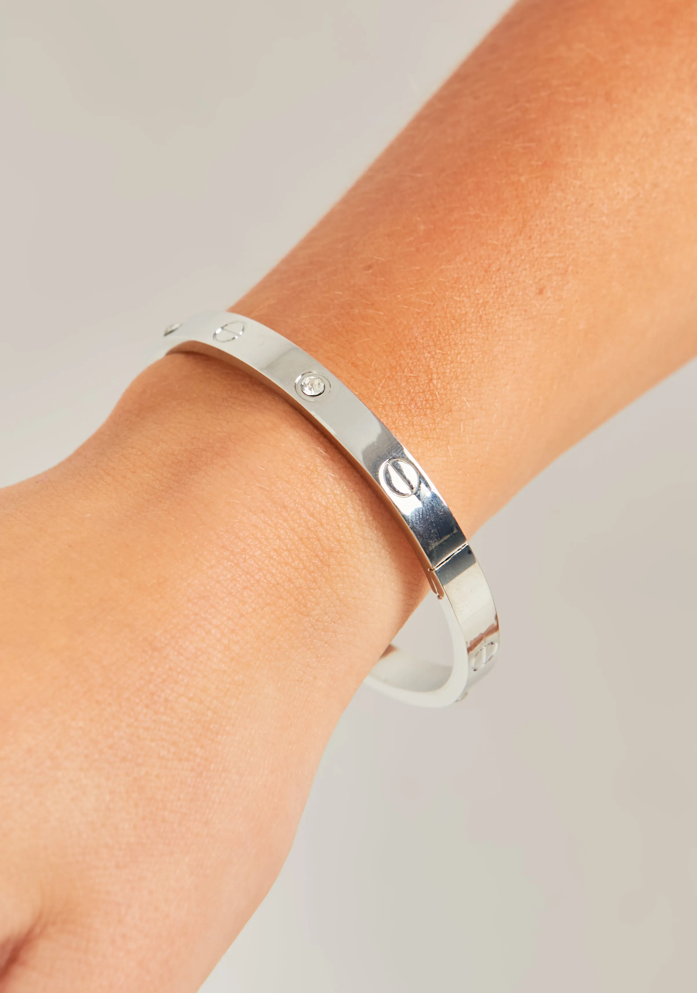 Zayna Silver Engraved Diamante Stud Bangle Bracelet